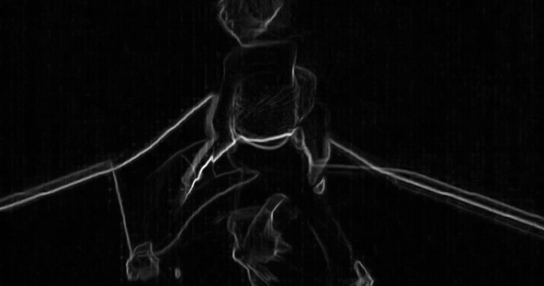 Edge-detected outline of a figure extended along a wall corner