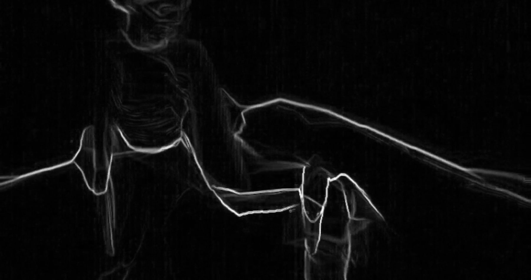 Edge-detected outline of the figure mid-movement against the corner.